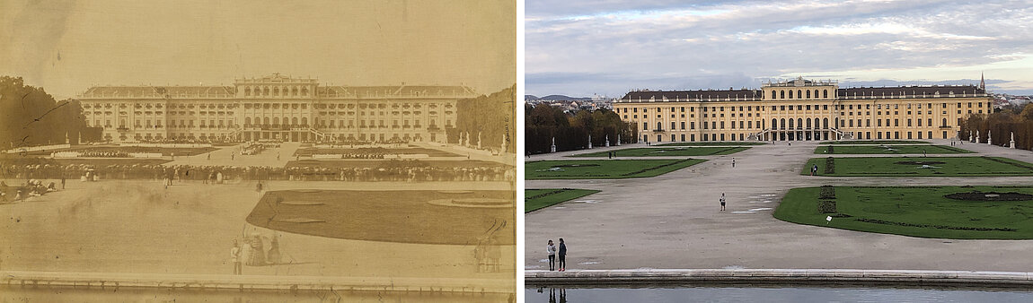 Bildvergleich historische Aufnahme von Schloss Schönbrunn, links alt, rechts neu.