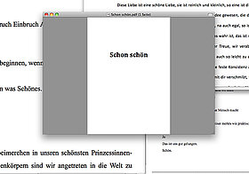 Übereinanderlappende Textfenster, im Zentrum und zuoberst das Fenster "Schon schön.pdf" mit dem Text "Schon schön"
