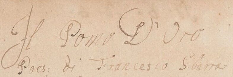 Titelseite der Partitur "Il Pomo D'Oro". Vergilbtes Blatt Papier mit brauner Handschrift.