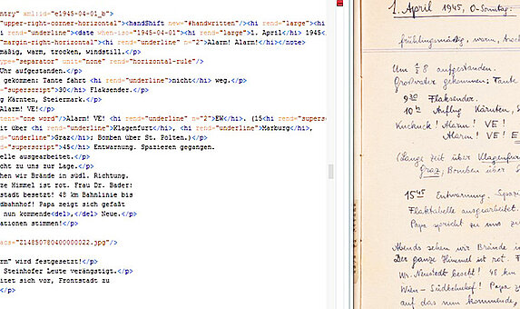 Gegenüberstellung digitale Edition zu einer Seite aus einem Okopenko-Originalmanuskript