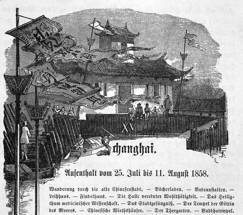 Zeichnung von chinesischem Haus mit Flaggen, darauf Buchtitel.