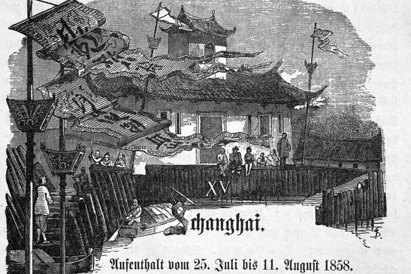 Zeichnung von chinesischem Haus mit Flaggen, darauf Buchtitel.