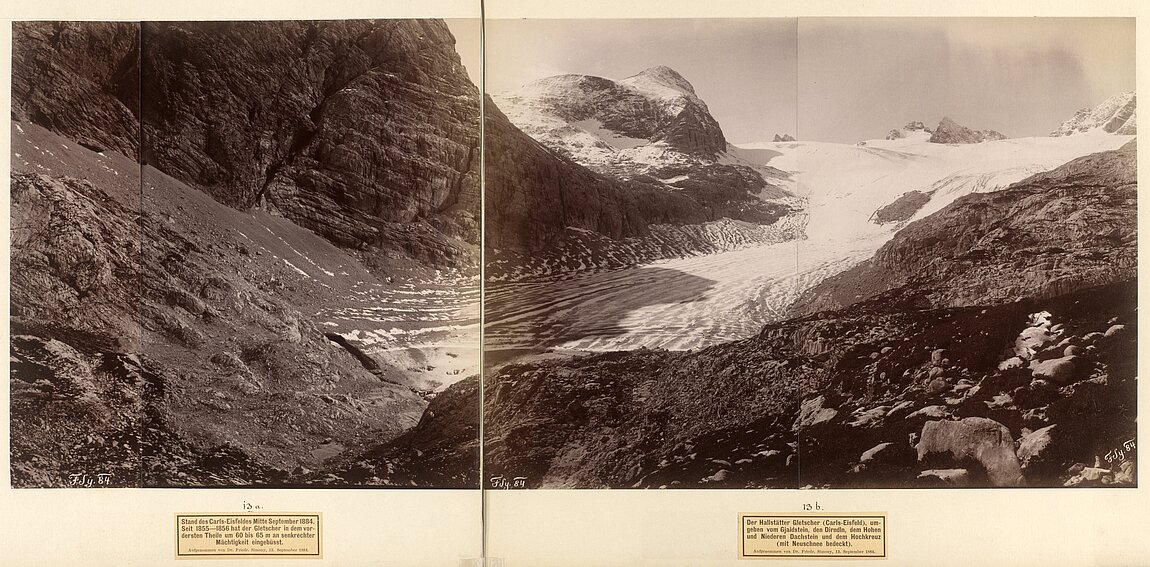 Zwei schwarz-weiße Fotos nebeneinander von Gletscher auf Berg.