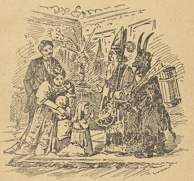 Zeichnung von Nikolo und Krampus, davor eine Familie.