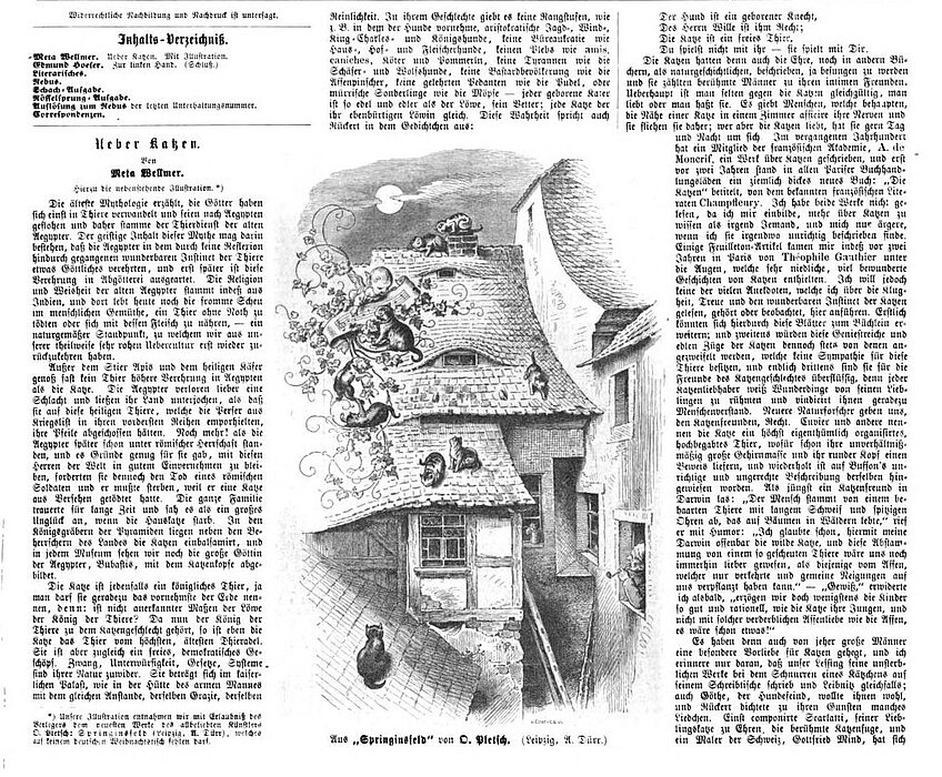 Alte Zeitungsseite mit Zeichnung von einigen Katzen auf Dächern.