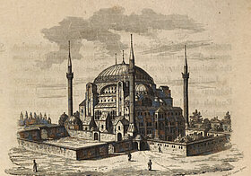 Zeichnung einer Moschee (Gebäude mit Kuppel und vier hohen, dünnen Säulen.