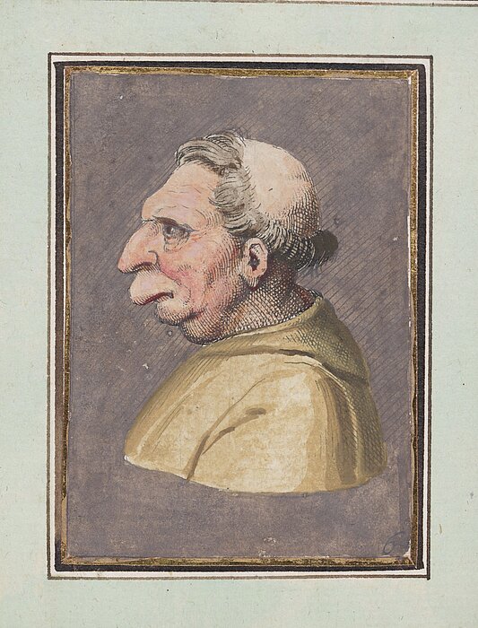 Zeichnung von Person im Profil mit verzerrtem Gesicht.