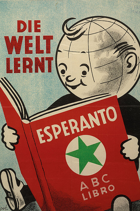 Plakat mit Zeichnung von Kind das ein Buch liest, Text: Die Welt lernt Esperanto.