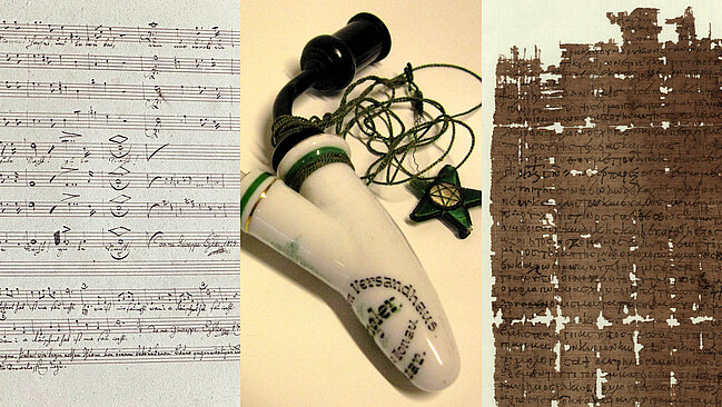 Collage aus drei Bildern: Musiknoten, eine Pfeife und Papyrus.