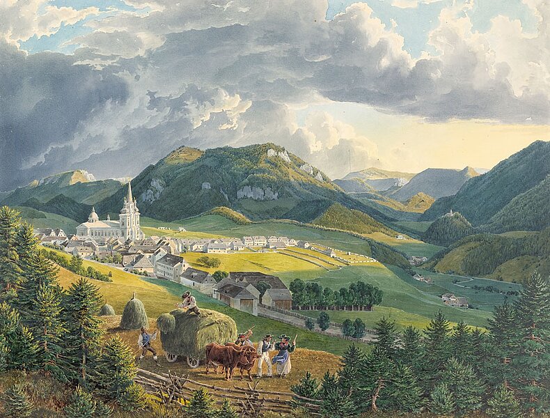 Zeichnung, Kirchdorf inmitten von Bergen