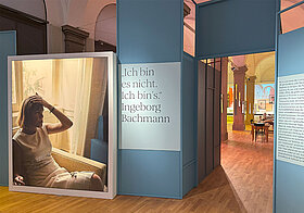 Ausstellungsansicht, Bachmann-Plakat, Bachmann-Zitat