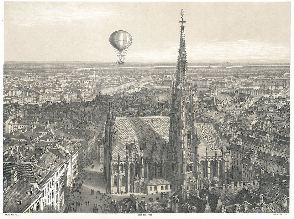 Schwarz-Weiß-Bild von Wien aus dem Luftballon. 