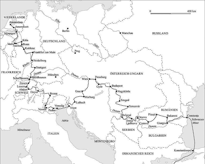 Weltkarte mit Europa, eine Reiseroute ist eingezeichnet.