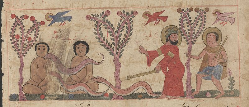 Zeichnung, zwei nackte Menschen sitzen und werden von Schlangen angegriffen, zwei Männer mit Stäben laufen auf sie zu