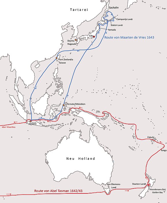 Karte von Ozeanien und Ostasien, Australien ist als "Neu Holland" beschriftet. Darauf in Blau und Rot eingezeichnete Routen.