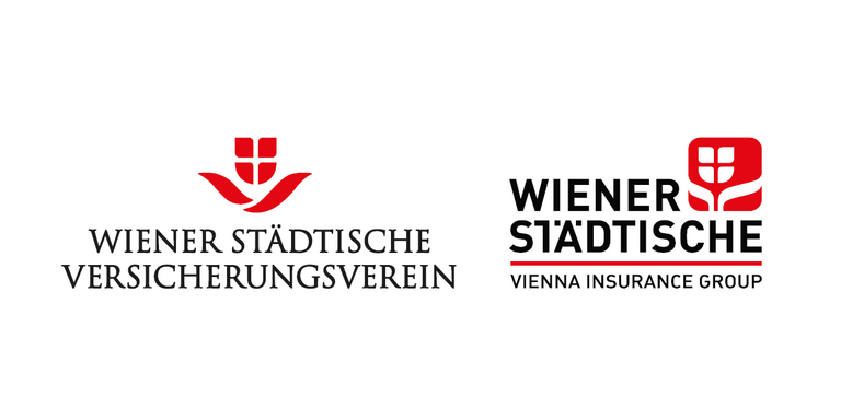 Zwei Schwarz-Rote Logos nebeneinander, eines von dem Wiener Städtische Versicherungsverein, eines von der Wiener Städtische Vienna Insurance Group.