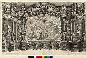 The Curtain of “Il fuoco eterno custodito dale Vestali” designed by Ludovico Burnacini engraved on a copper plate by Matthias Küsel. (Pk 3003, 404) – Austrian National Library – free access – no reuse.