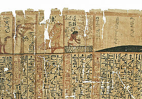 Papyrus mit Schlange, Krokodil und Adler.