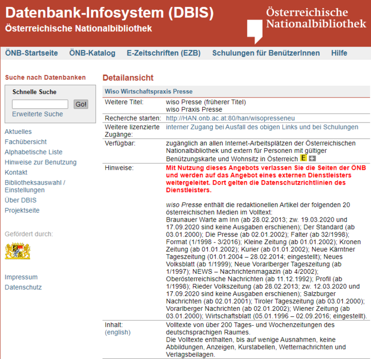 Screenshot des Datenbank-Infosystems