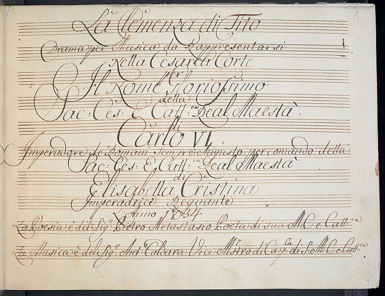 Handschrift auf Notenblatt, Titelblatt der Partitur Antonio Caldara: La Clemenza di Tito