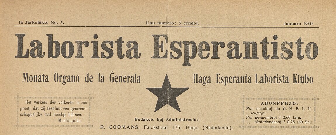 Alte Zeitung mit Titel "Laborista Esperantista" mit einem Stern in der Mitte.