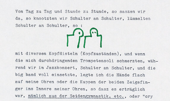 Text mit zwei in Grün gezeichneten Figuren.