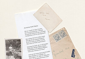 Collage of a poem, an envelope and a black and white picture