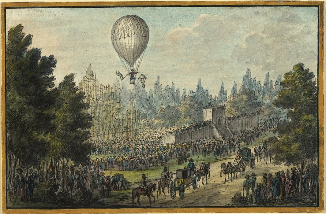 Kolorierte Zeichnung von Ballonfahrt, darunter eine Menschenmenge und Kutschen.