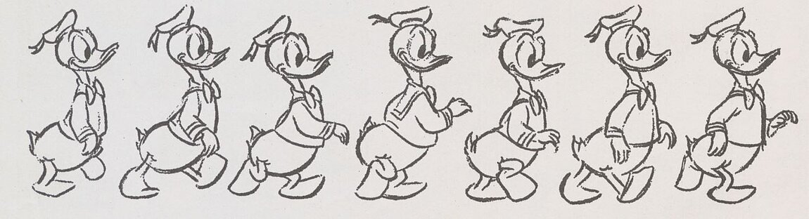 Eine Reihe an Zeichnungen von einer Comic-Ente, die sich gehend fortbewegt