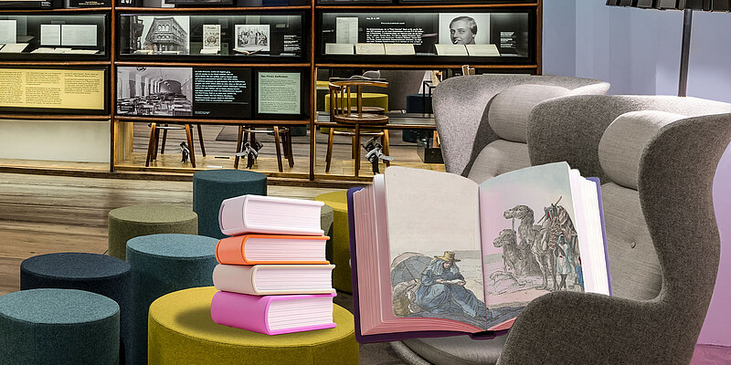 Foto von Museumsraum, auf einem Sessel liegt ein Bücherstapel und daneben ein offenes Buch mit Bildern darin. Text: Dieses Bild wurde mit Hilfe von KI generiert.