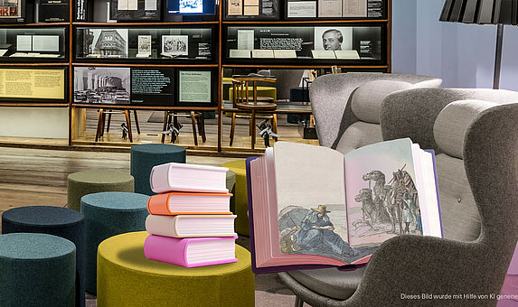 Foto von Museumsraum, auf einem Sessel liegt ein Bücherstapel und daneben ein offenes Buch mit Bildern darin. Text: Dieses Bild wurde mit Hilfe von KI generiert.