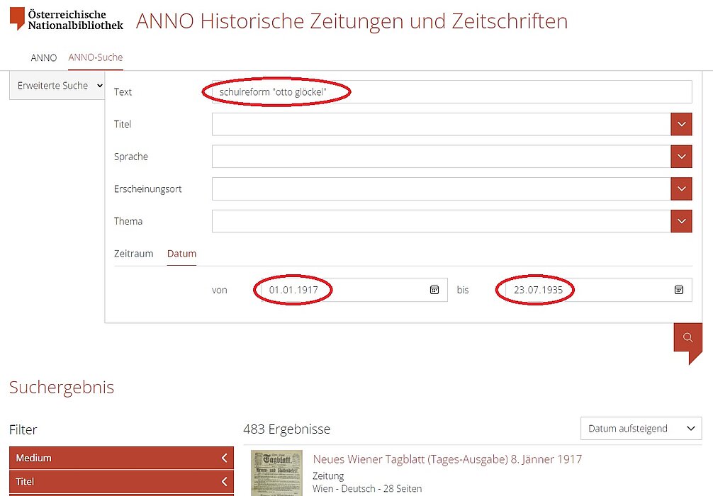 Screenshot mit Suchergebnissen alter Zeitungen.