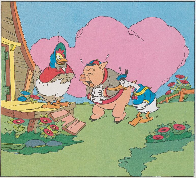 Comiczeichnung von einem Huhn, das vor einer Hütte steht, daneben ein Schwein und eine Ente, die sich den Bauch halten