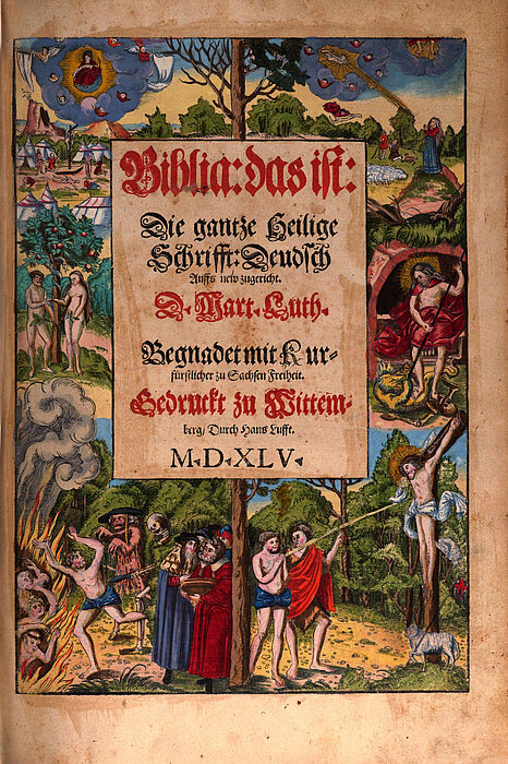 Titelblatt einer ins deutschen übersetzten Bibel mit bunten Illustrationen.