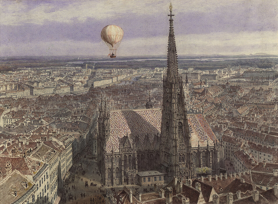 Kolorierte Zeichnung von eine Heißluftballon über einer Kirche einer Stadt.