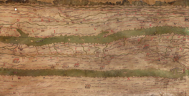 Alte Karte mit zwei grünen Streifen, Tabula Peutingeriana