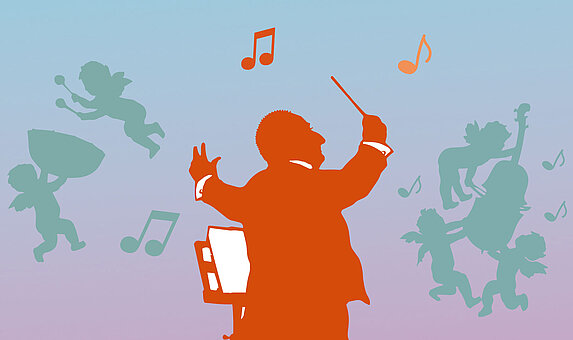 Grafik mit rotem Dirigenten von hinten, im Hintergrund Engel mit Instrumenten.