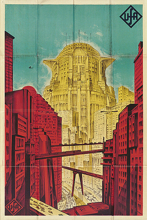 Plakat mit Zeichnung einer retro-futuristischen Stadt in Türkis, Gelb und Pink.
