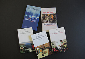 Fünf dünne Bücher mit bunten Titelbildern nebeneinander arrangiert.
