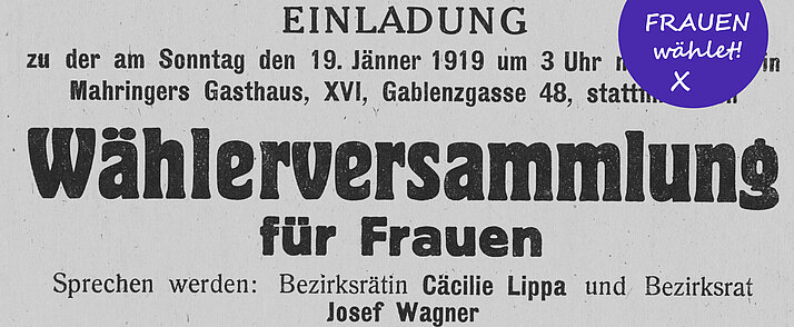 Plakat einer sozialdemokratische Wählerinnenversammlung 1919
