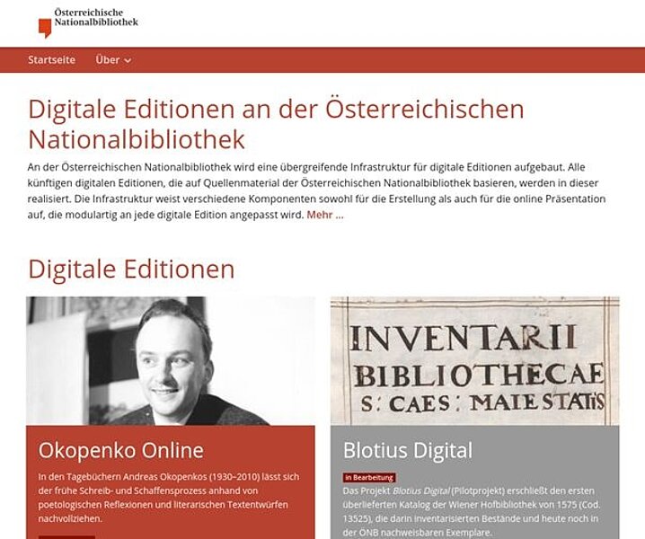 Screenshot Website, Digitale Editionen an der Österreichischen Nationalbibliothek.