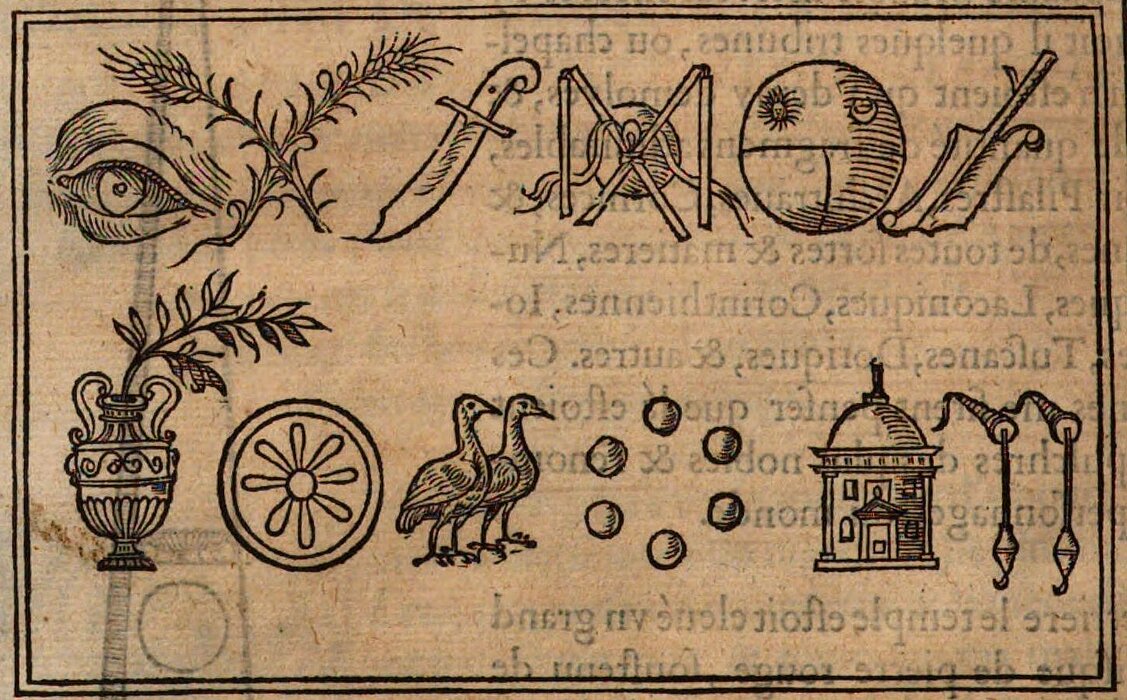 Abbildung einer Zeichnung von verschiedenen Symbolen, wie Enten, Krüge, Augen, Kreise, und Schwerter.