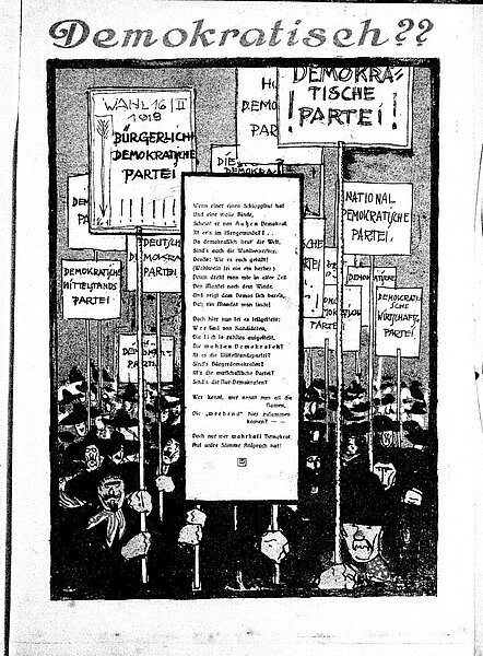 Zeichnung von Menschen mit Plakaten auf Demonstration, Demokratisch?? in: Der Floh, Sonderheft, 12. Jänner 1919, S. 6