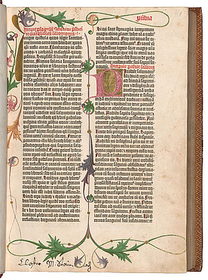 Wien ÖNB Ink 3 B 14, Bd. 2, Fol. 1 recto: 42 Zeilen, Kapitelanfänge handschriftlich nachgetragen; Besitzeintrag unten „Closter Maria Steinach“