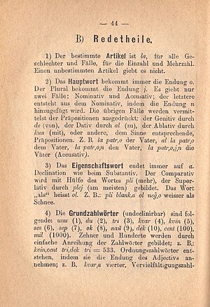 Zamenhof, Ludwik (1887d): Internationale Sprache. Vorrede und vollständiges Lehrbuch. Warschau: Gebethner et Wolff, S. 44