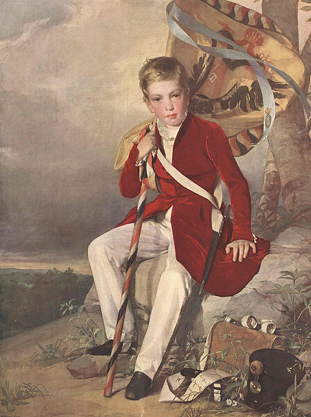 Gemälde von Kaiser Franz Joseph I als Kind mit roter Jacke, eine Flagge tragend