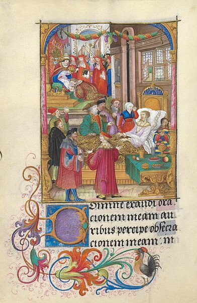 Mittelalterliche Handschrift mit Zeichnung, auf der Menschen um das Bett einer Frau herumstehen