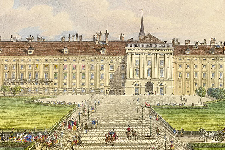 Kolorierte Zeichnung von einer modernen Burg, davor Grünflächen, Menschen und Pferdekutschen