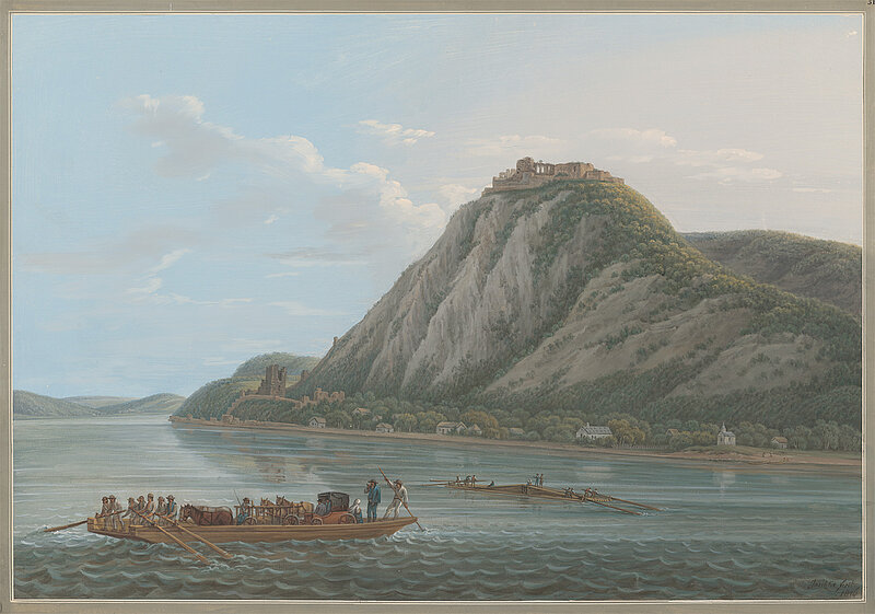 Zeichnung, Fluss mit Booten, im Hintergrund Berg