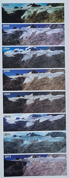 Fotos von den Jahren 2000 bis 2013, die zeigen, wie eine Eisfläche langsam kleiner wird.